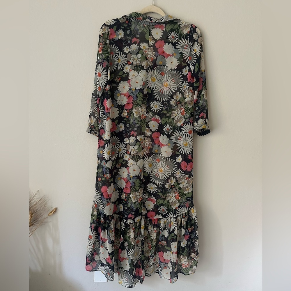 Zara Floral transparent boho blogger Midi Shirt Duster Dress Navy M - Picture 9 of 9